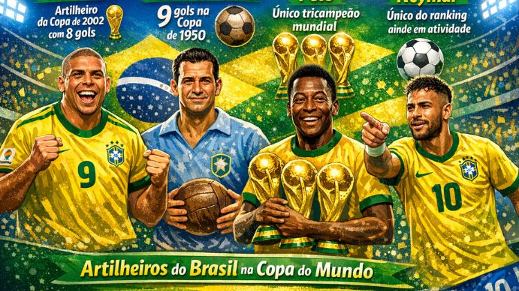 Ilustração digital com quatro jogadores históricos da Seleção Brasileira, Ronaldo, Ademir de Menezes, Pelé e Neymar, destacando curiosidades sobre seus gols e conquistas em Copas do Mundo, com fundo nas cores da bandeira do Brasil e elementos como bolas e troféus.