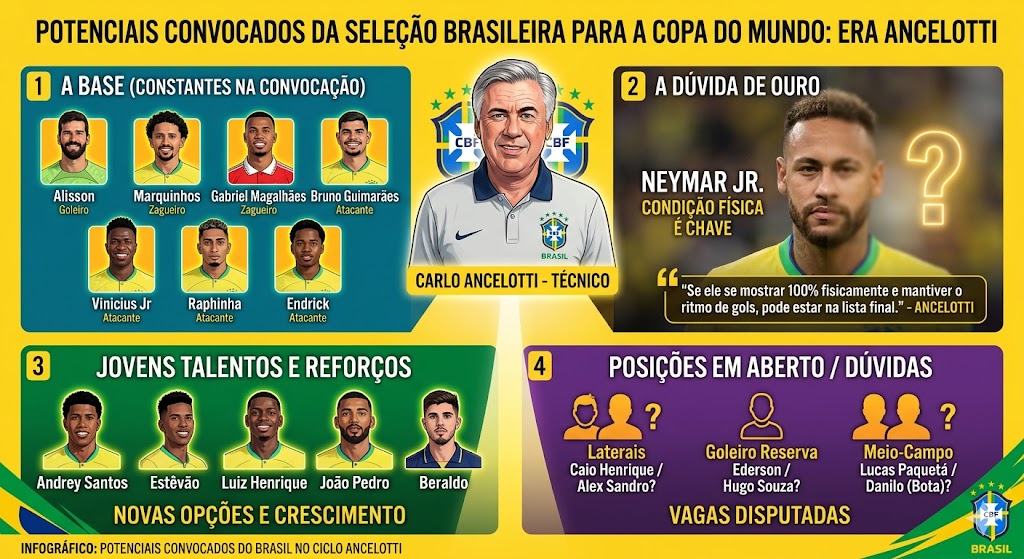 Um infográfico detalhado mostrando os potenciais jogadores convocados para a Seleção Brasileira na era Carlo Ancelotti para a Copa do Mundo. Destaca jogadores da base como Vinicius Jr e Endrick, novos talentos como Estêvão, e uma seção especial 'A Dúvida de Ouro' dedicada a Neymar Jr, mencionando que sua condição física é fundamental para a convocação.