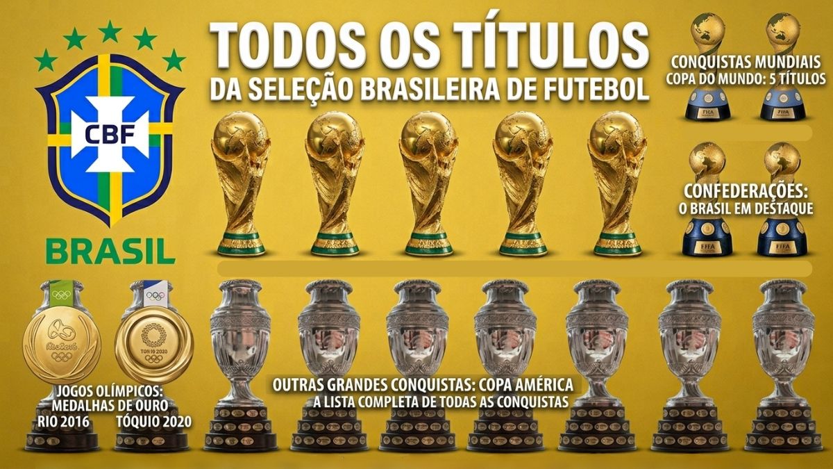 Infográfico colorido sobre fundo dourado com o título 'TODOS OS TÍTULOS DA SELEÇÃO BRASILEIRA DE FUTEBO