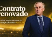 Carlo Ancelotti em imagem editorial com a frase Contrato renovado, destacando a renovação com a Seleção Brasileira até 2030