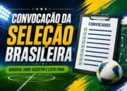 Imagem de capa sobre a convocação da Seleção Brasileira, com campo de futebol, lista de convocados e elementos nas cores verde, amarelo e azul.