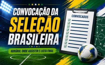 Imagem de capa sobre a convocação da Seleção Brasileira, com campo de futebol, lista de convocados e elementos nas cores verde, amarelo e azul.